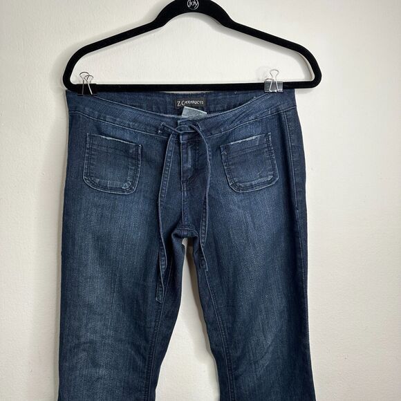 Vintage Z Cavaricci Dark Wash Low Rise Flare Front Tie Waist Jean Patch Pocket 7 - Picture 3 of 13